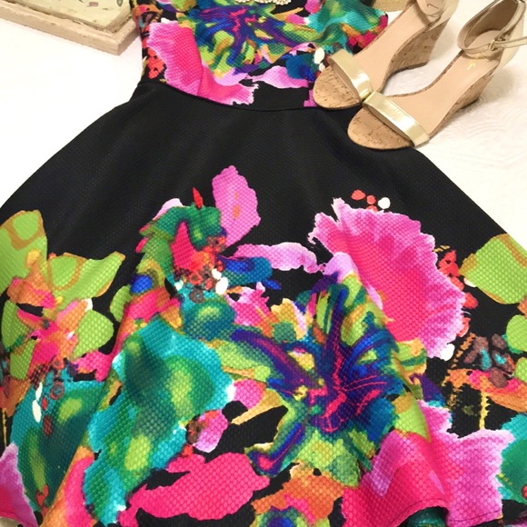 Tahari Vibrant Watercolor Fit and Flare Dress - Picture 12 of 16